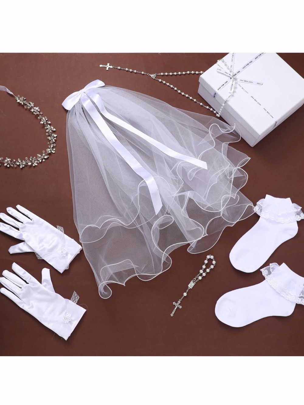 6 Pcs White Girls' 👧🏻 Veil and Accessories Set - Elegant Communion Headpiece